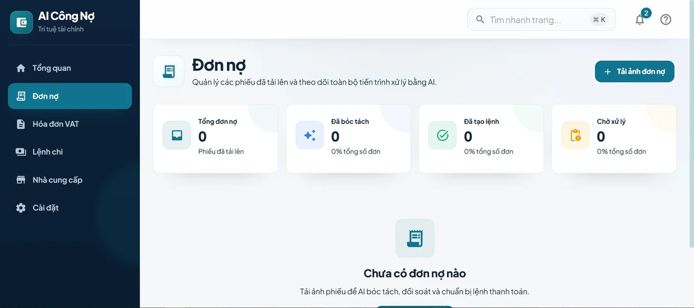 Đơn nợ trong demo Kiểm soát công nợ bằng AI