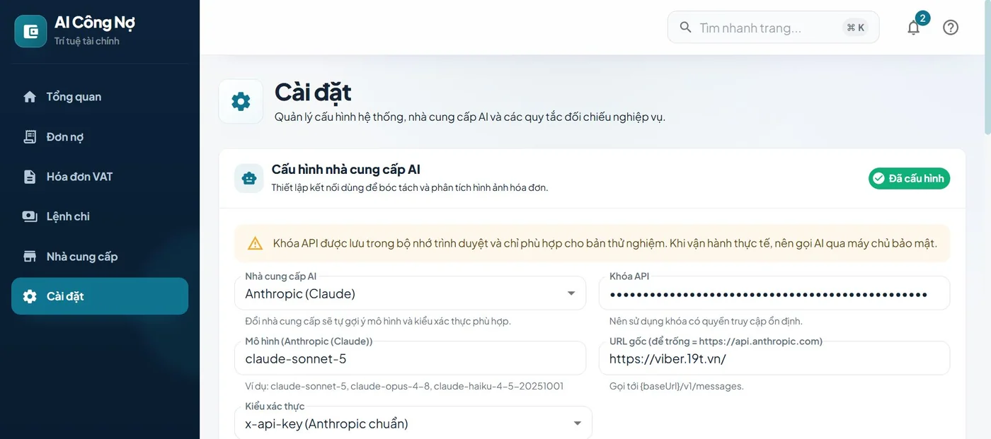 Cài đặt trong demo Kiểm soát công nợ bằng AI