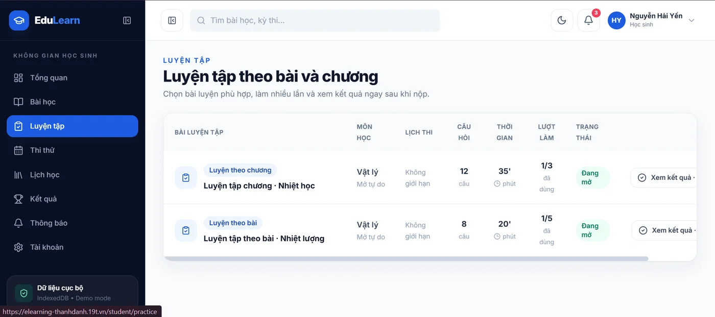 Bài tập trong demo Quản lý bài tập EduLearn