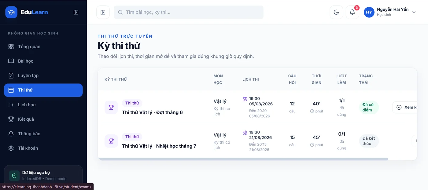 Thi thử trong demo Quản lý bài tập EduLearn