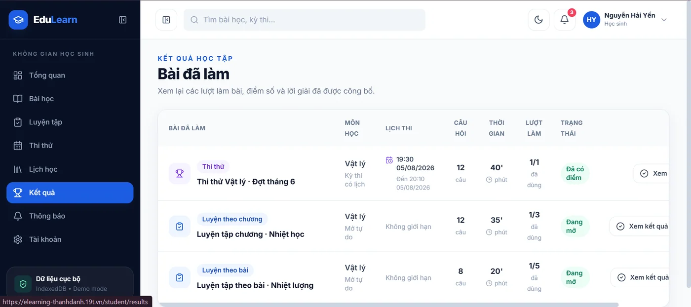 Kết quả trong demo Quản lý bài tập EduLearn