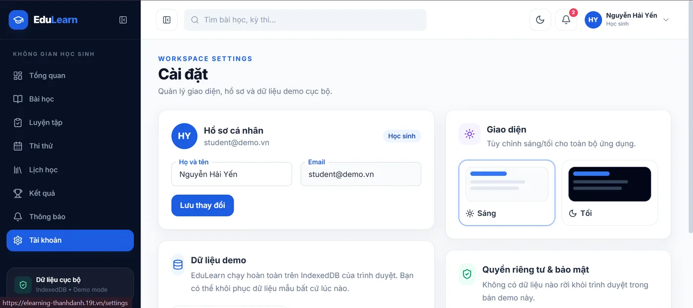 Tài khoản trong demo Quản lý bài tập EduLearn