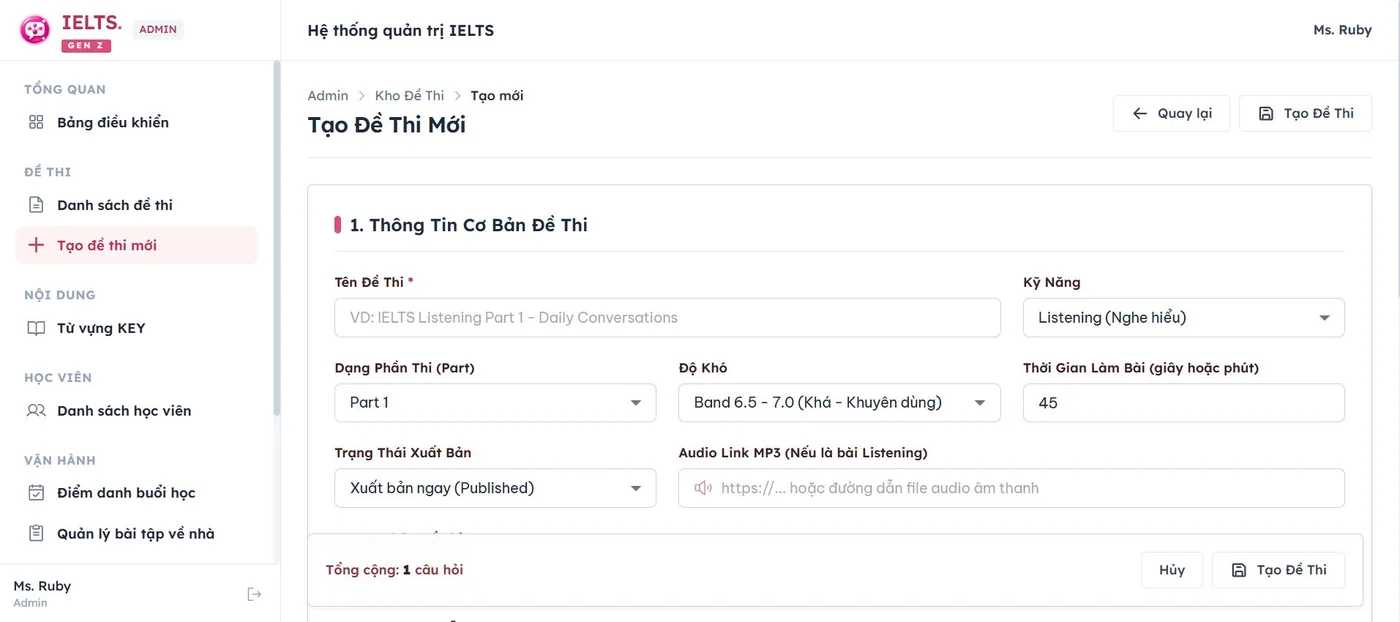 Tạo đề thi mới trong demo IELTS Gen Z