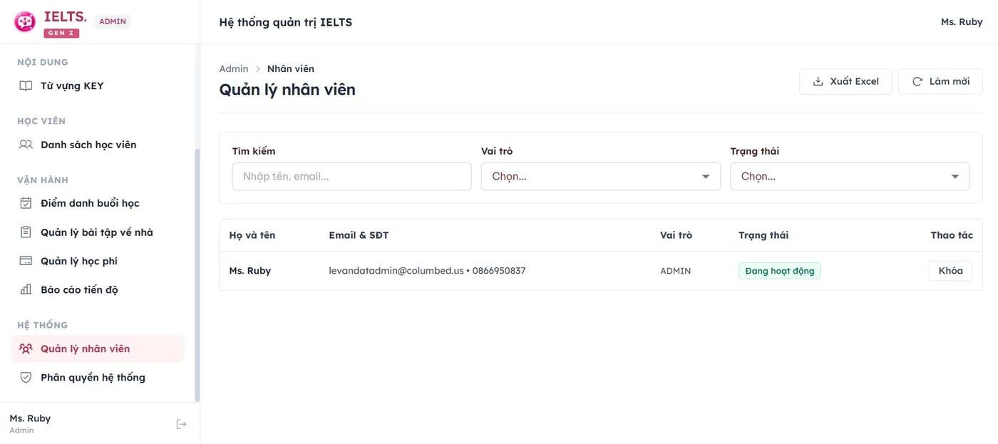 Quản lý nhân viên trong demo IELTS Gen Z