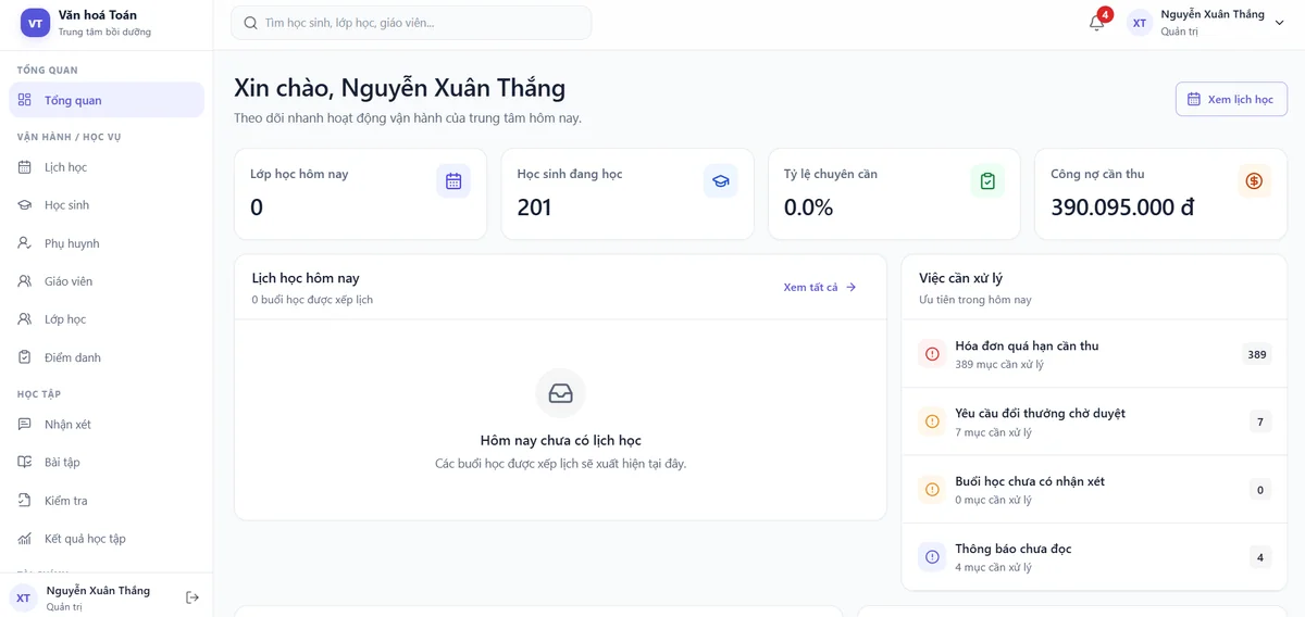 Ảnh giao diện demo Trung tâm bồi dưỡng Toán