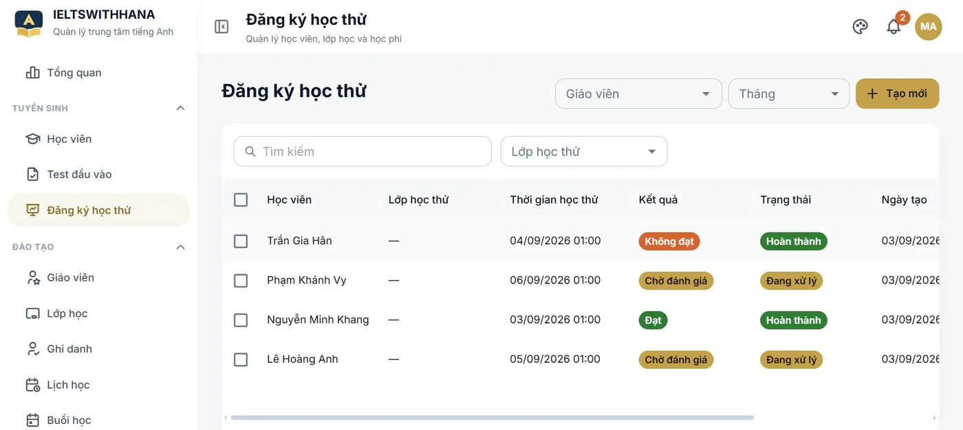 Đăng ký học thử trong demo Trung tâm dạy tiếng Anh