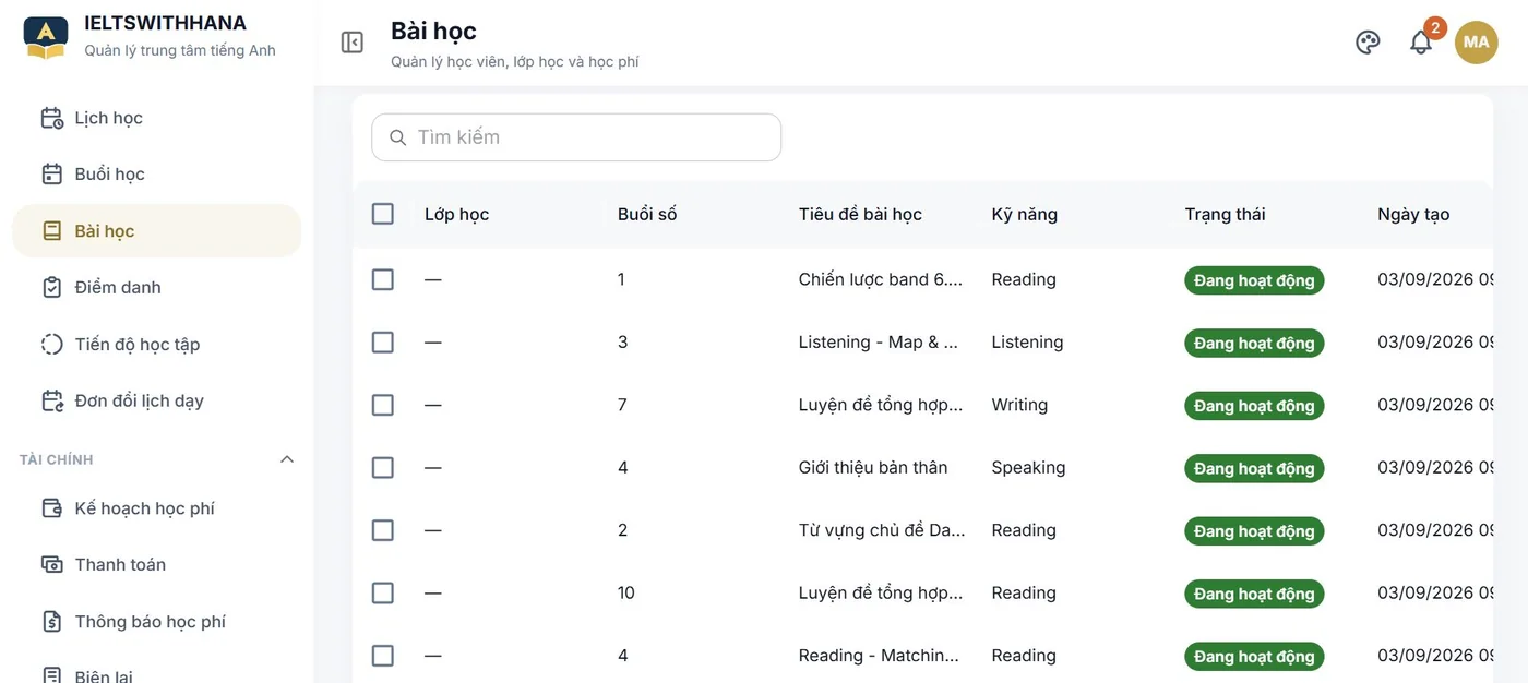 Bài học trong demo Trung tâm dạy tiếng Anh