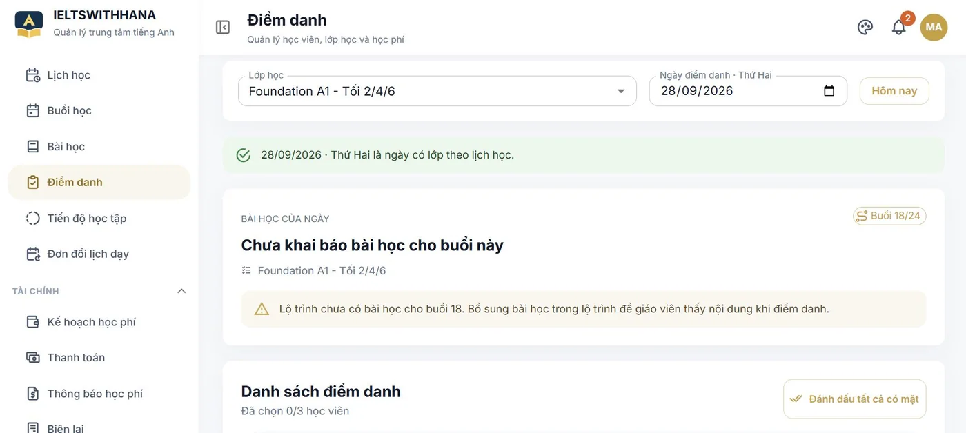 Điểm danh trong demo Trung tâm dạy tiếng Anh
