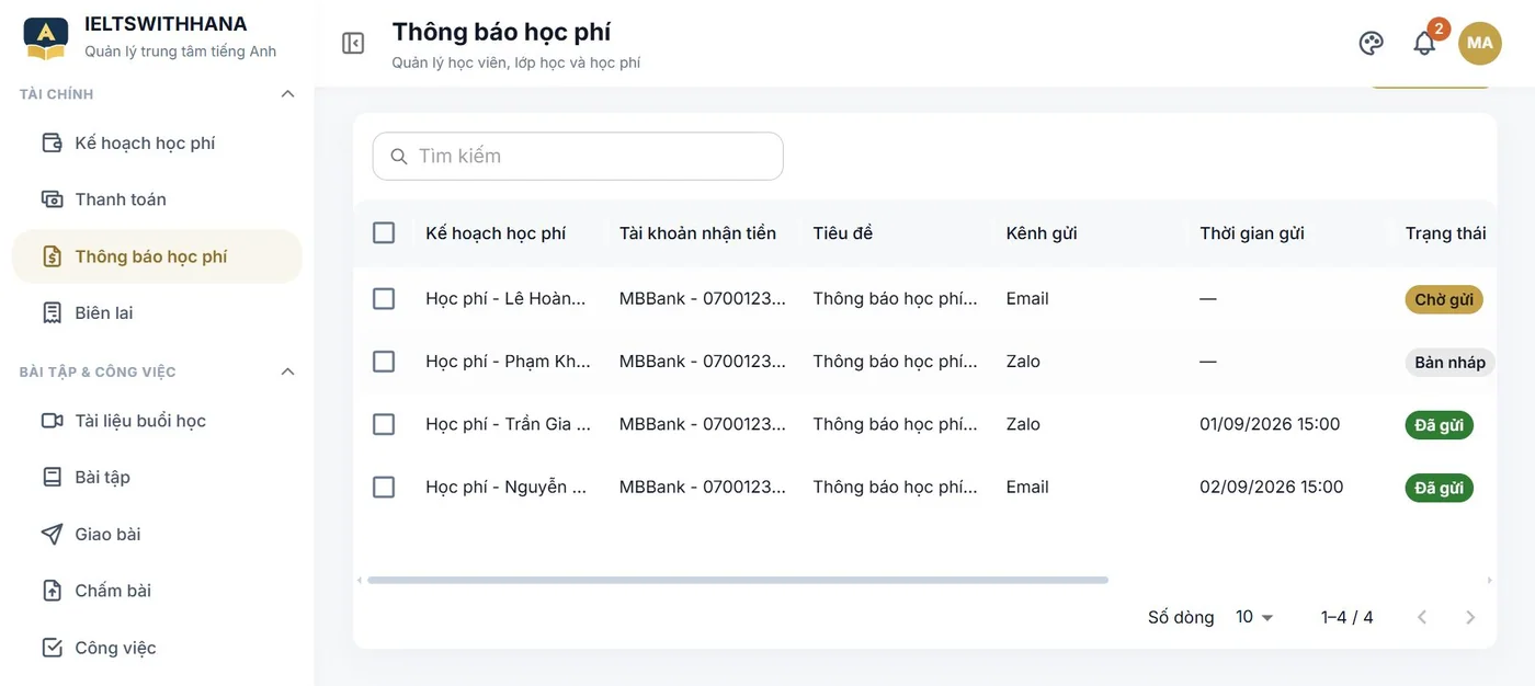 Thông báo học phí trong demo Trung tâm dạy tiếng Anh