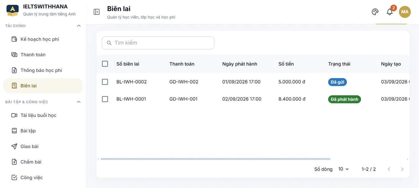 Biên lai trong demo Trung tâm dạy tiếng Anh