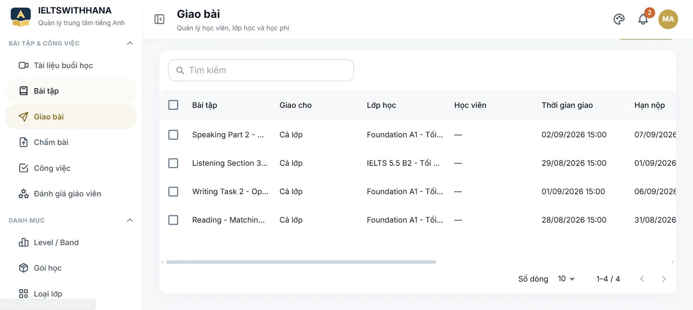 Giao bài trong demo Trung tâm dạy tiếng Anh