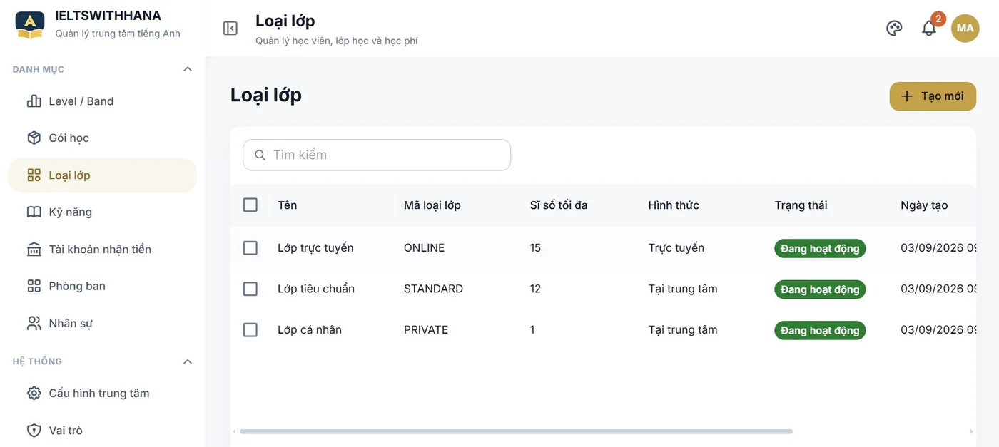 Loại lớp trong demo Trung tâm dạy tiếng Anh