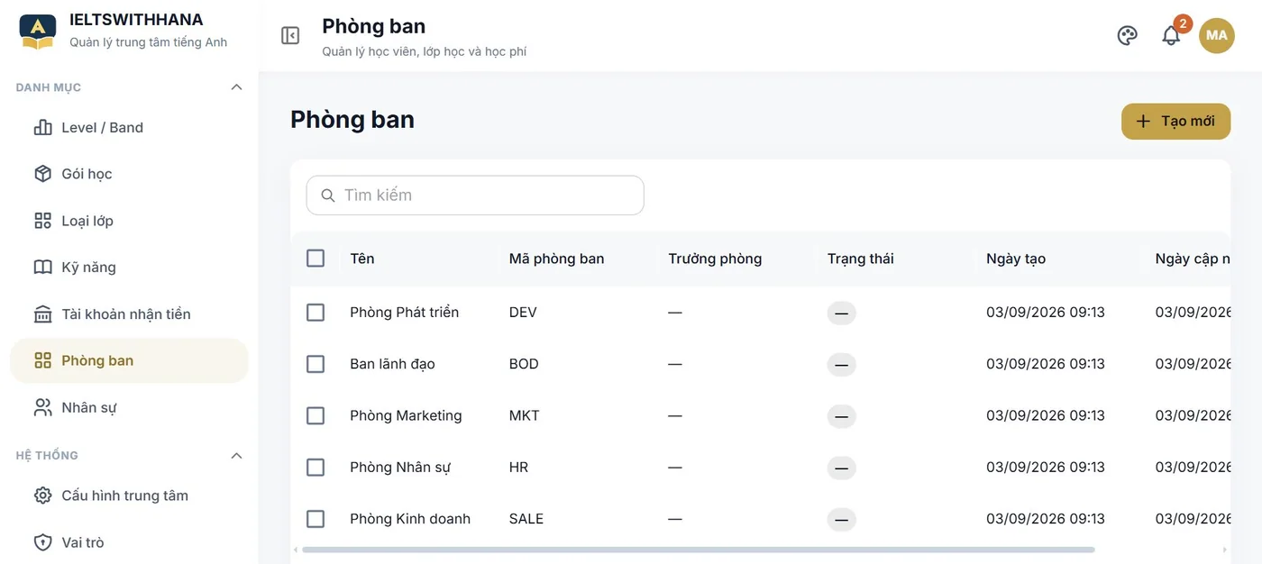 Phòng ban trong demo Trung tâm dạy tiếng Anh