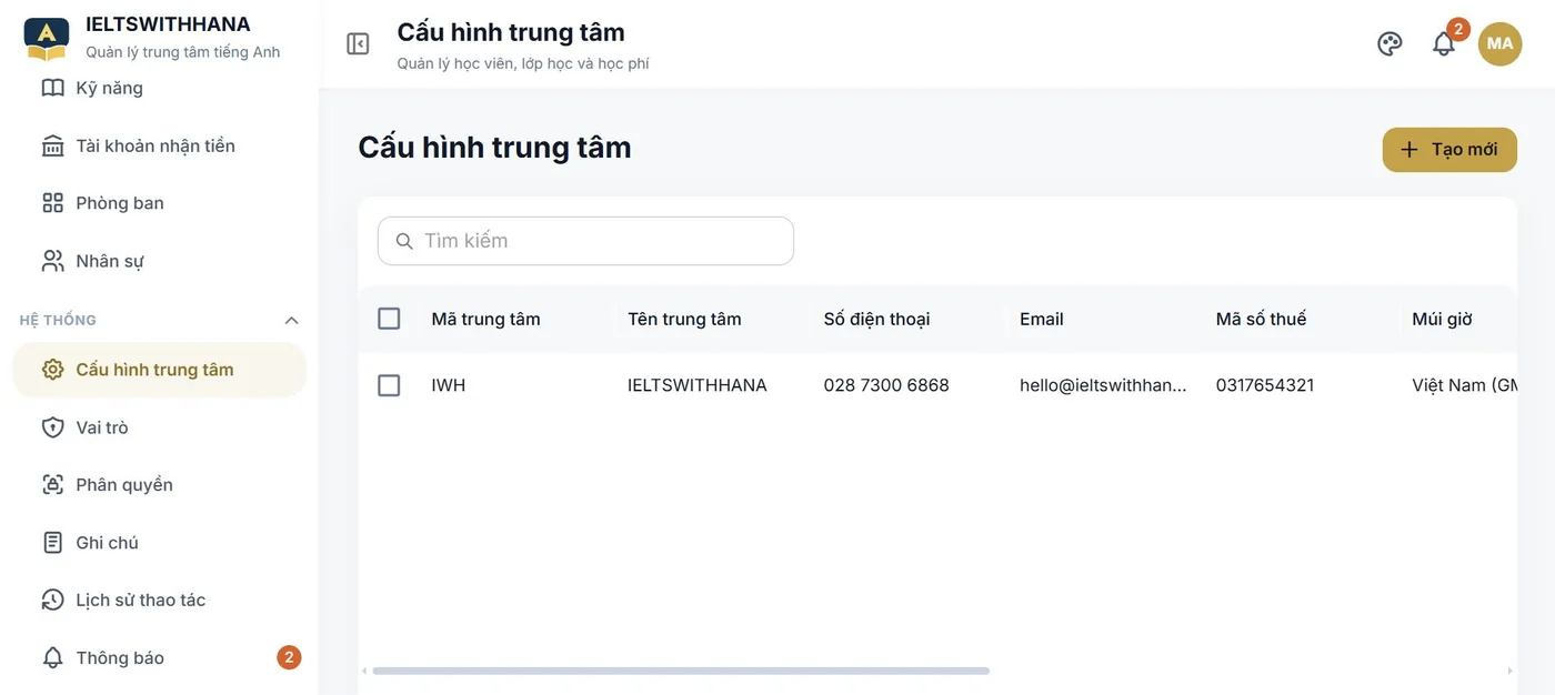 Cấu hình trung tâm trong demo Trung tâm dạy tiếng Anh