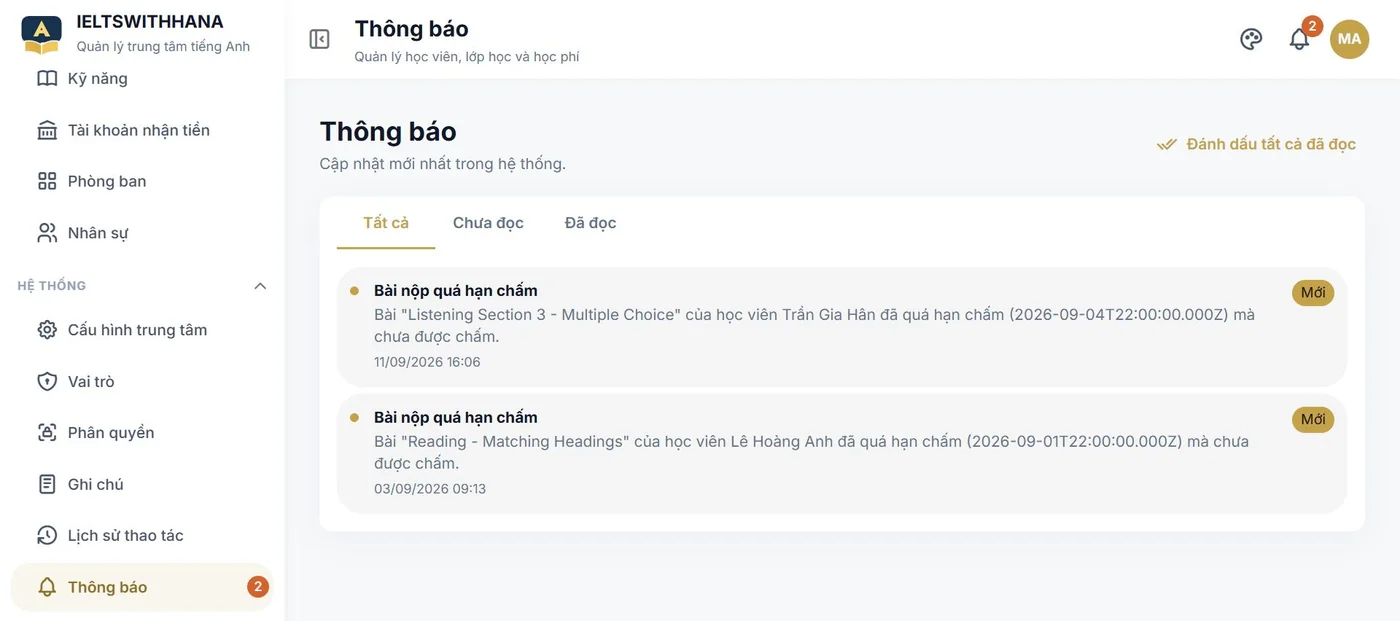Thông báo trong demo Trung tâm dạy tiếng Anh