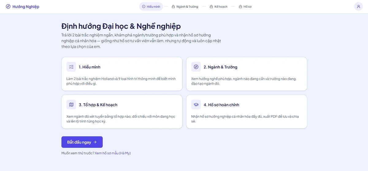 Ảnh giao diện demo Định hướng nghề nghiệp và trường đại học