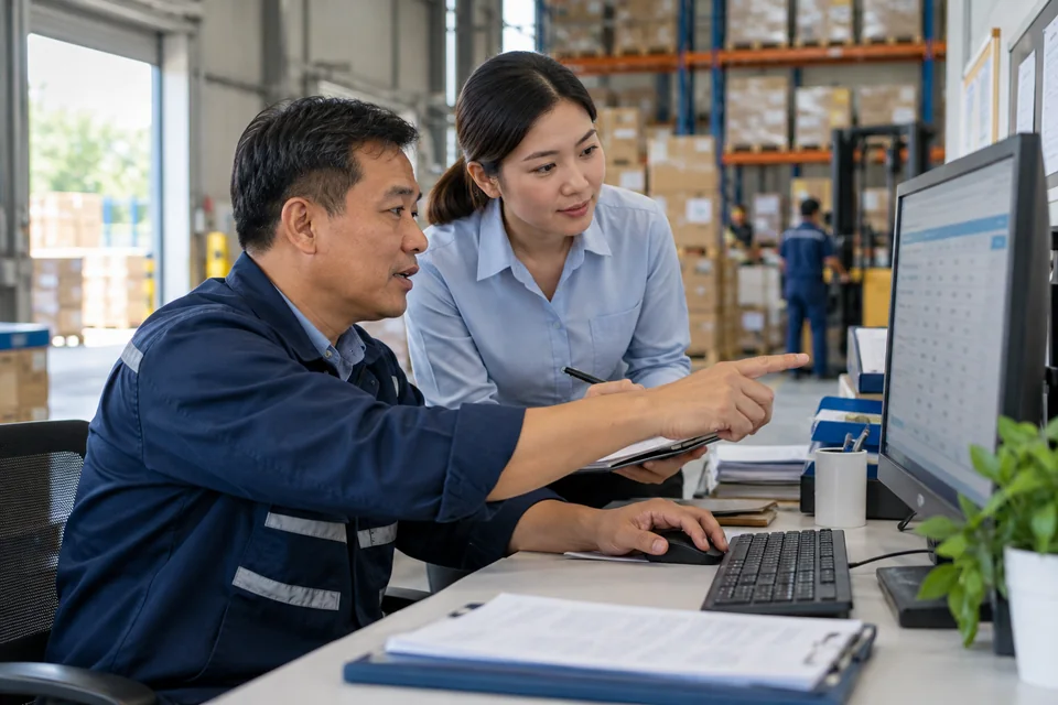 Nhân sự kho làm việc với hệ thống trên máy tính để bàn